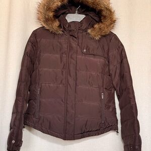 Calvin Klein Chocolate Puffer Jacket with Fur Hood